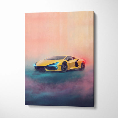 Vibrant yellow lamborghini revuelto inspired automotive wall art featuring a futuristic painting with glowing accents on canvas
