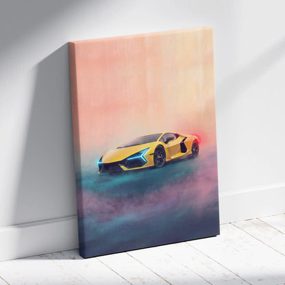 Lamborghini revuelto inspired luxury supercar canvas print featuring a vibrant yellow car with glowing blue and red accents
