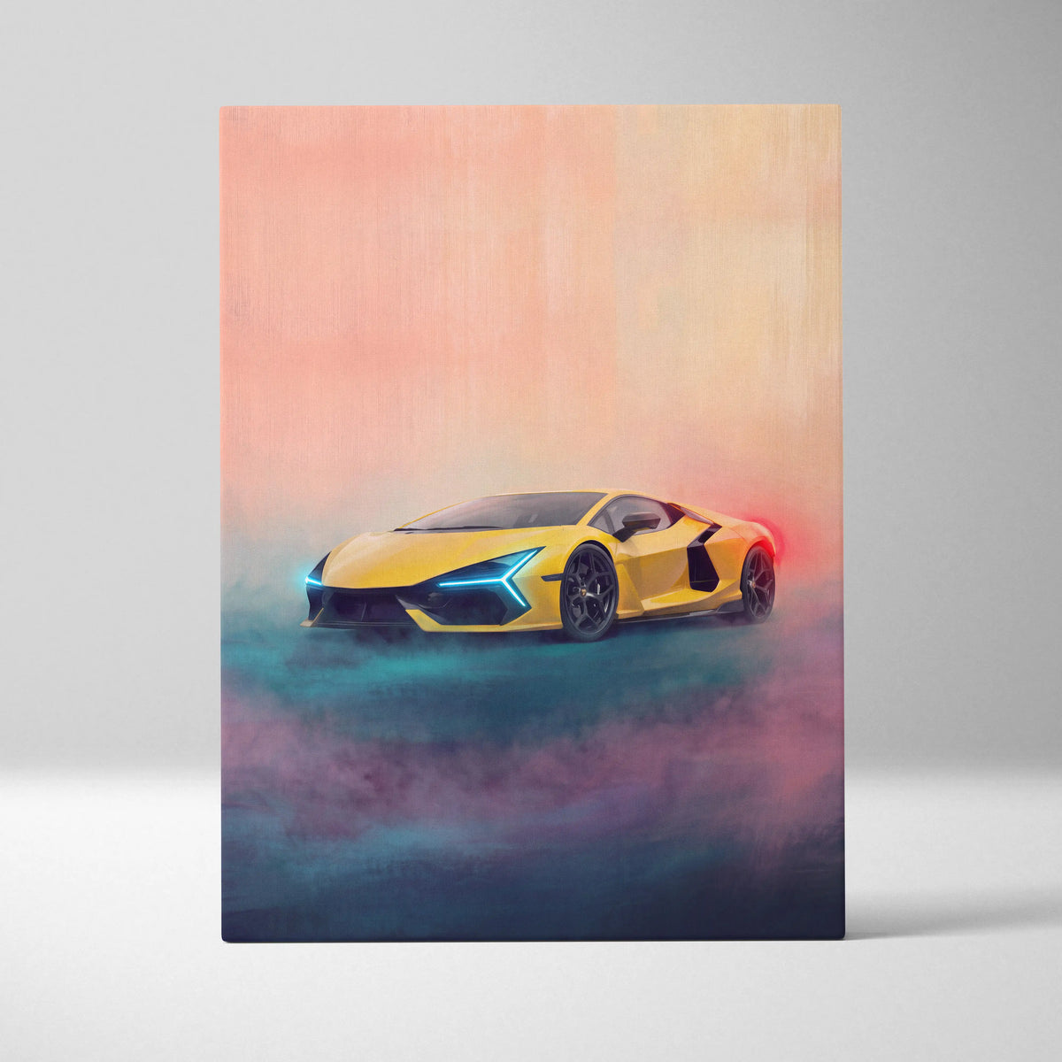 Lamborghini Revuelto inspired automotive wall art featuring a vibrant yellow sports car with glowing blue headlights on canvas
