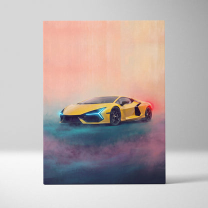 Lamborghini Revuelto inspired automotive wall art featuring a vibrant yellow sports car with glowing blue headlights on canvas