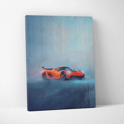 Vibrant orange koenigsegg jesko inspired hypercar on misty atmospheric canvas art print for custom car wall decor