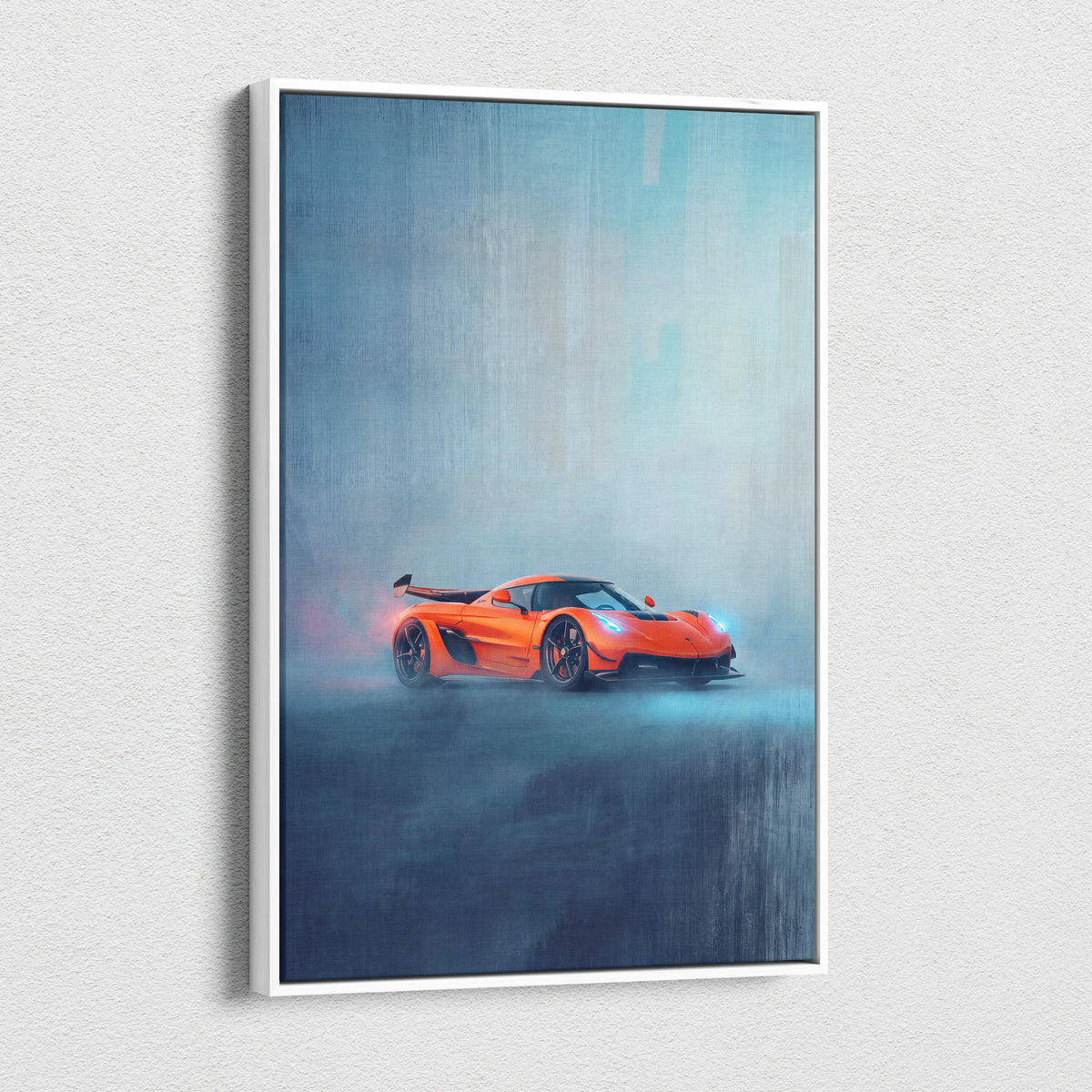 Koenigsegg jesko inspired supercar canvas art featuring a vibrant orange sports car in a misty scene with white frame