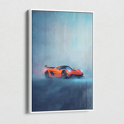 Koenigsegg jesko inspired supercar canvas art featuring a vibrant orange sports car in a misty scene with white frame