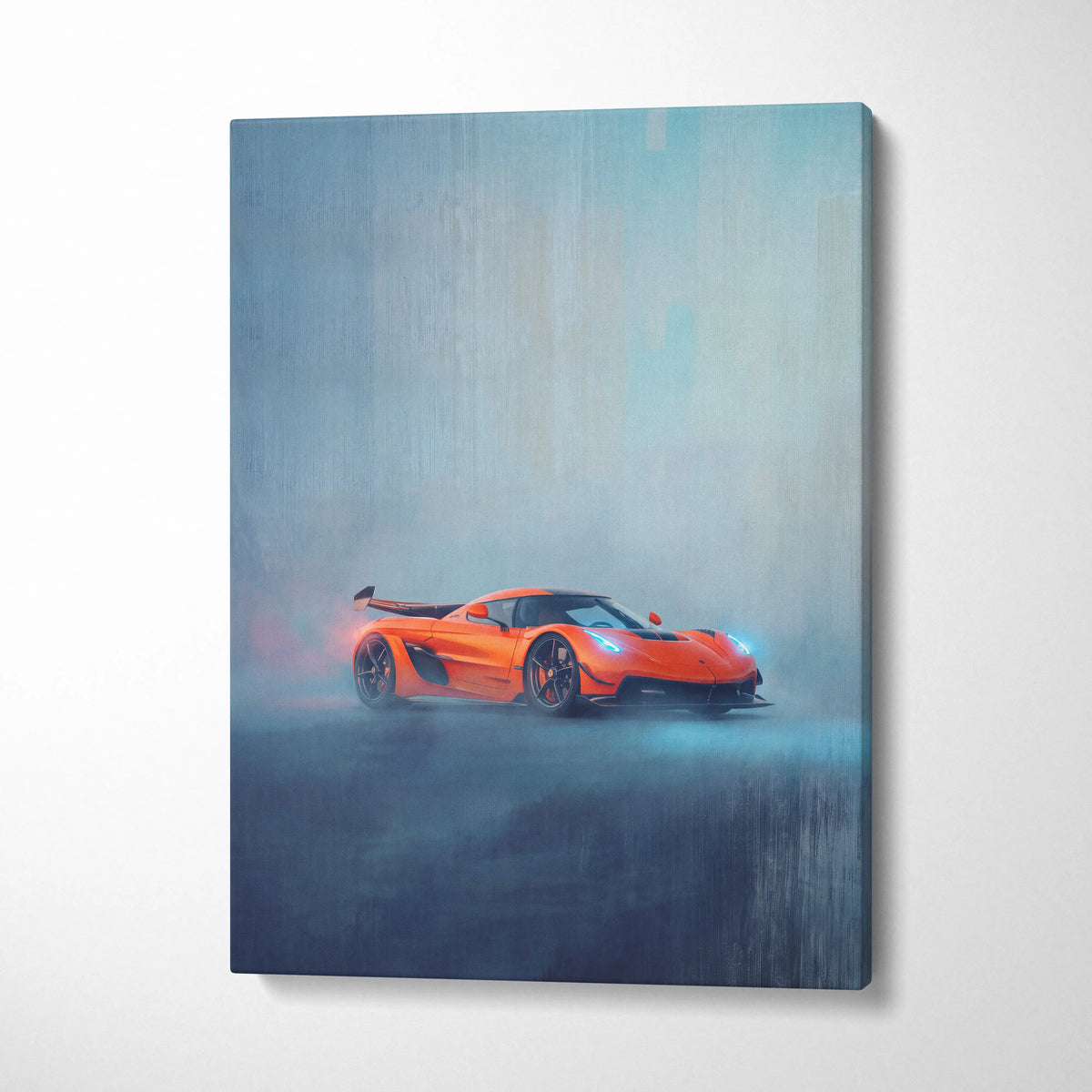 Vibrant orange koenigsegg jesko inspired hypercar painted on canvas misty atmospheric custom car wall art print