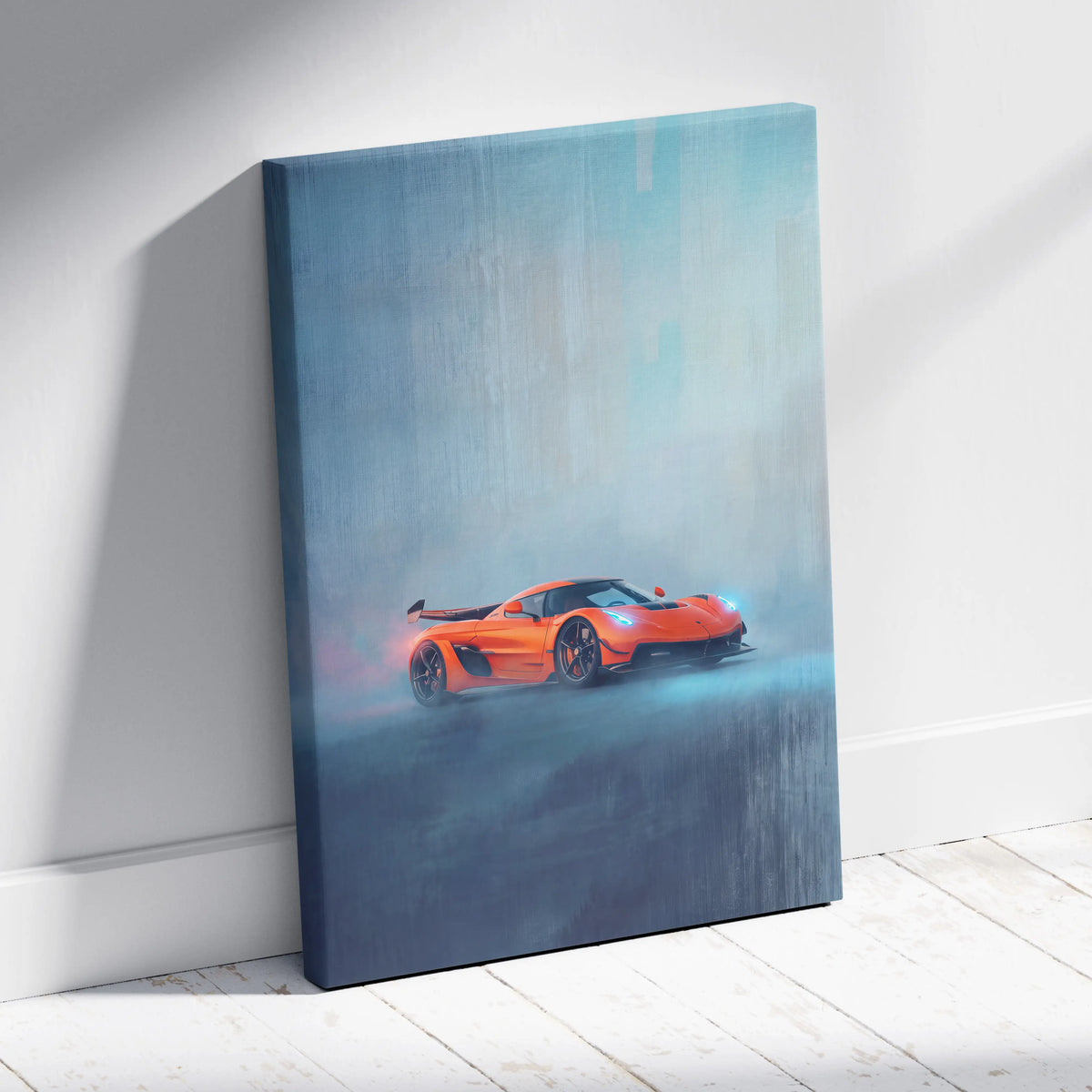 Vibrant orange koenigsegg jesko inspired hypercar canvas art print with misty atmospheric scene on stretched canvas