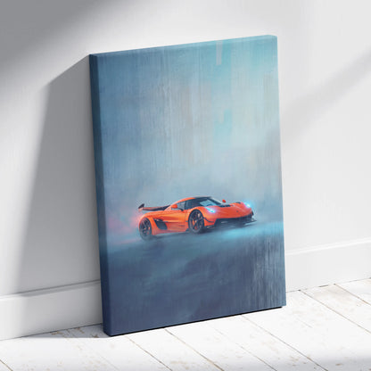 Vibrant orange koenigsegg jesko inspired hypercar canvas art print with misty atmospheric scene on stretched canvas