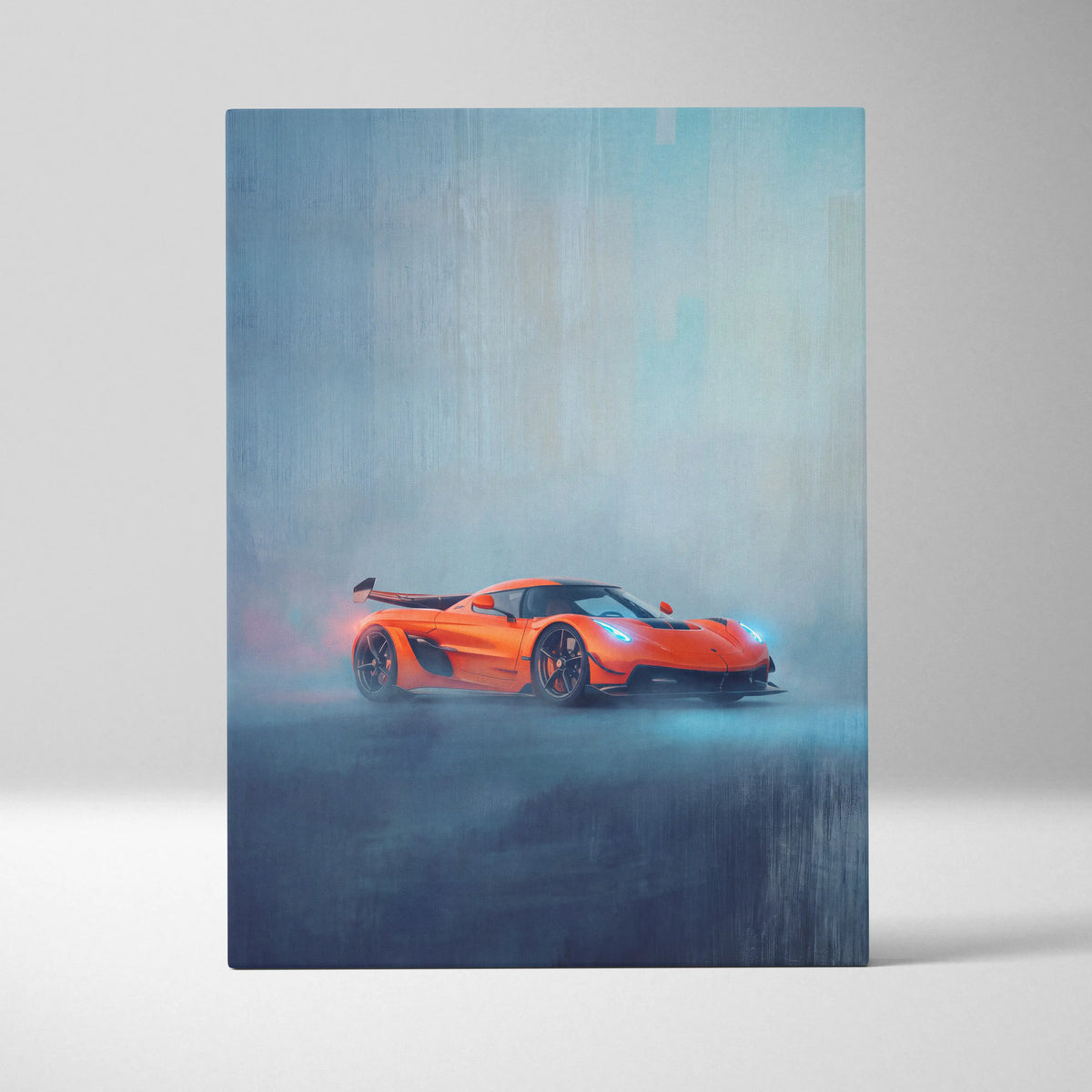 Vibrant orange koenigsegg jesko inspired hypercar in dynamic misty artistic rendering on custom canvas car wall art print