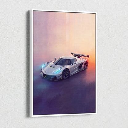 White-framed canvas print featuring a sleek silver koenigsegg jesko hypercar with glowing blue headlights and black accents