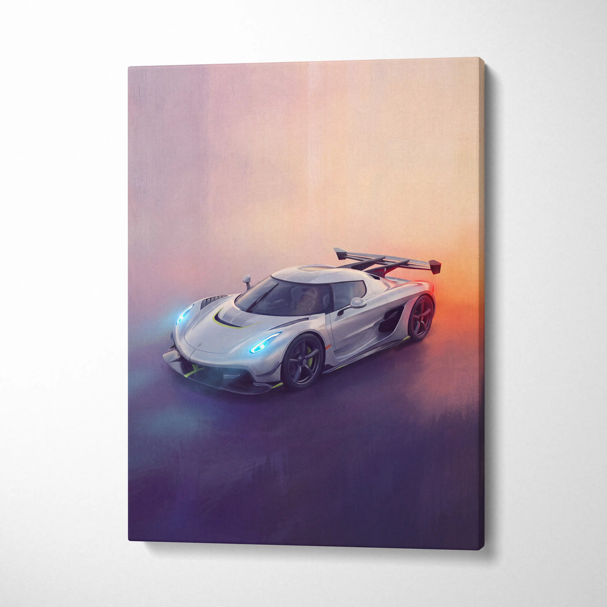 Silver Koenigsegg Jesko inspired canvas art with glowing blue headlights and vibrant sunset for premium wall decor