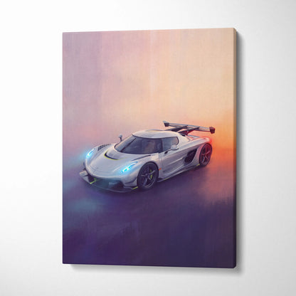 Silver Koenigsegg Jesko inspired canvas art with glowing blue headlights and vibrant sunset for premium wall decor