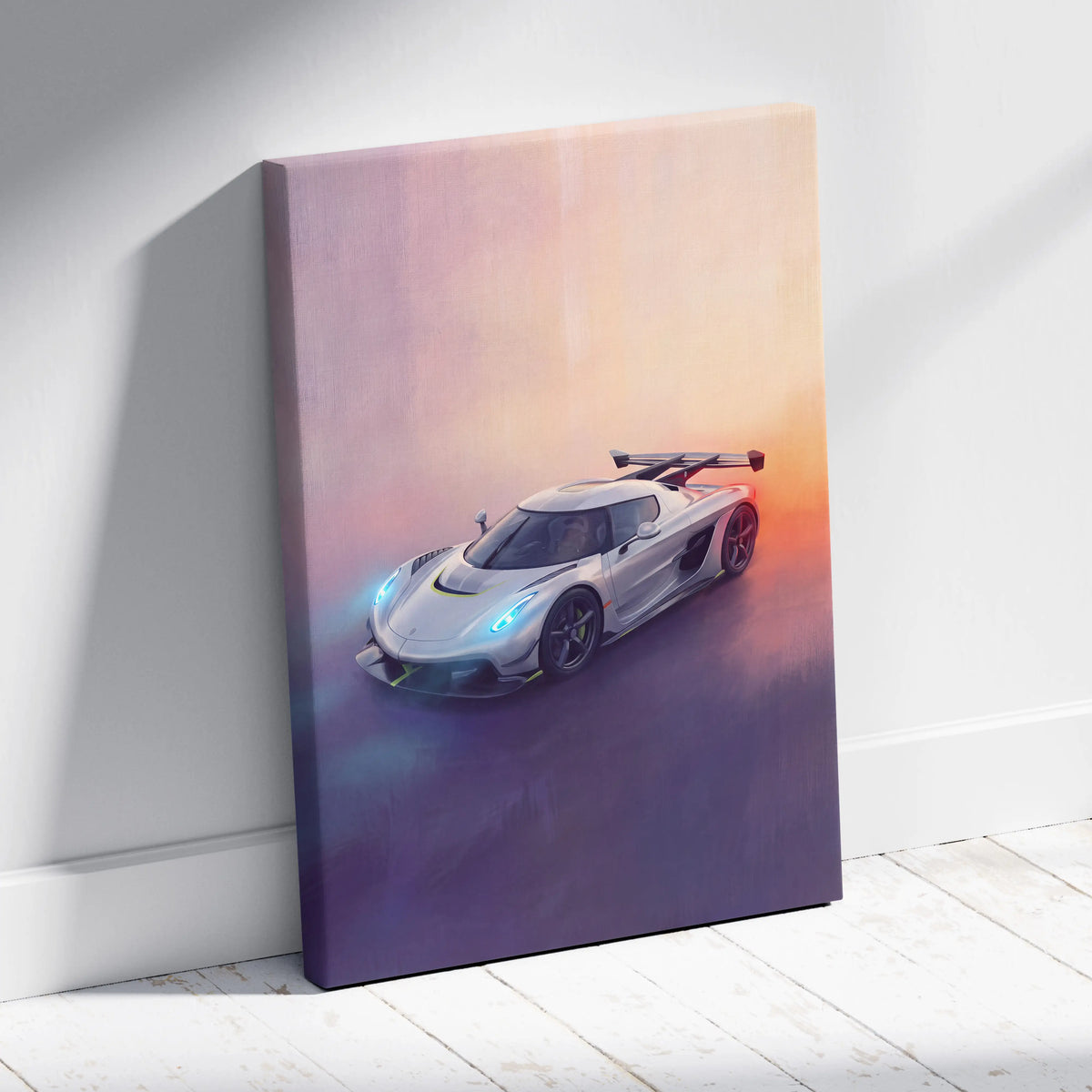 Koenigsegg jesko inspired canvas art featuring a sleek silver hypercar with glowing blue headlights on sunset backdrop