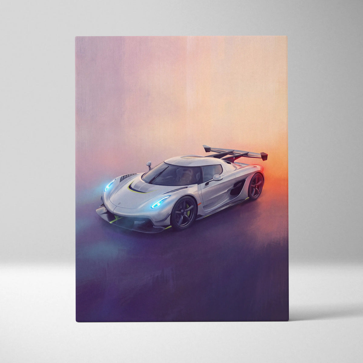 Koenigsegg jesko inspired canvas art featuring a silver koenigsegg jesko hypercar with glowing blue headlights and sleek design