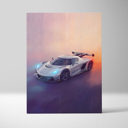 Koenigsegg jesko inspired canvas art featuring a silver koenigsegg jesko hypercar with glowing blue headlights and sleek design