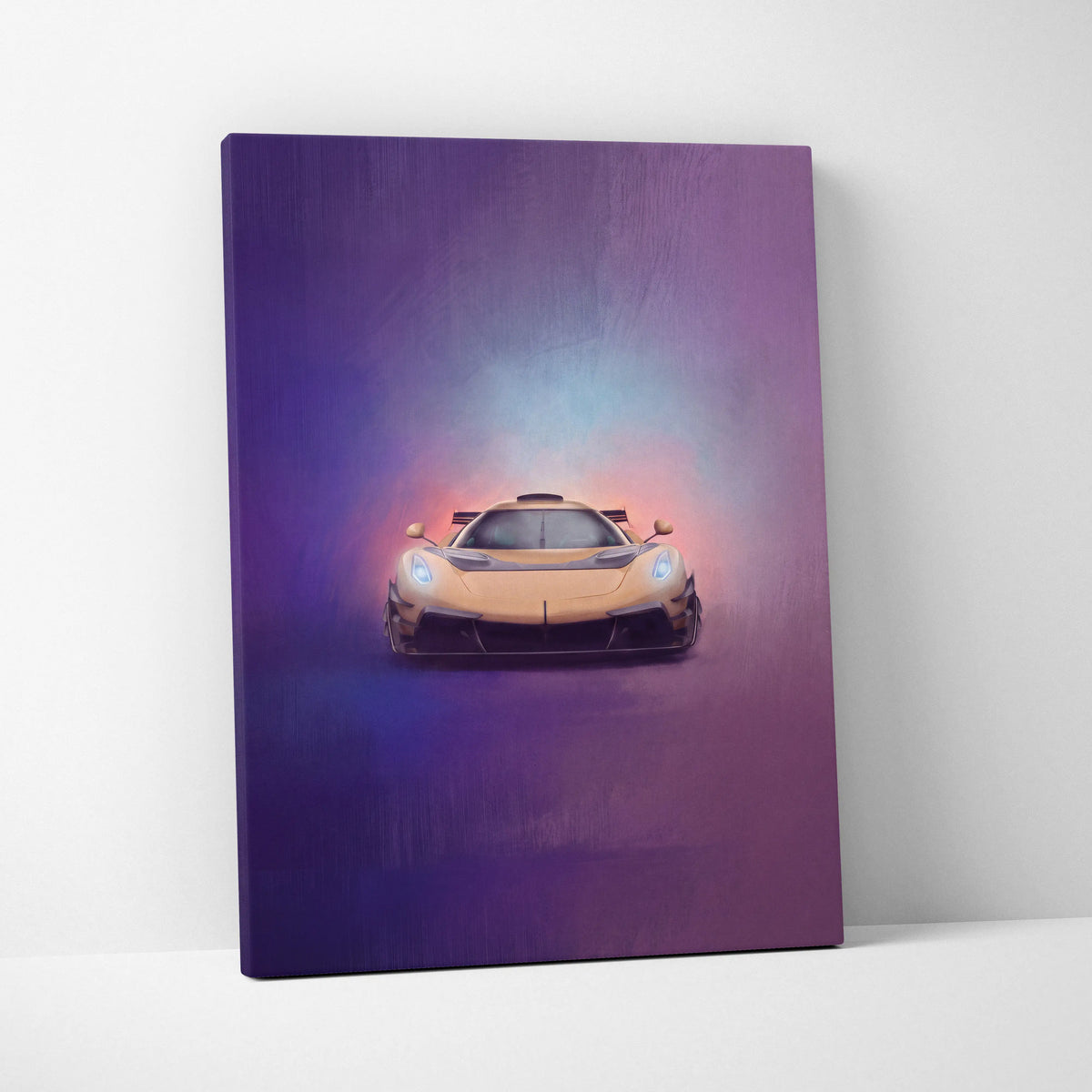 A canvas print of a golden Koenigsegg Jesko inspired hypercar with glowing blue headlights on a purple pink background