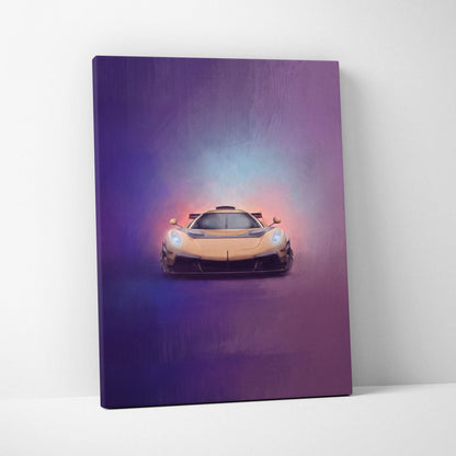 A canvas print of a golden Koenigsegg Jesko inspired hypercar with glowing blue headlights on a purple pink background
