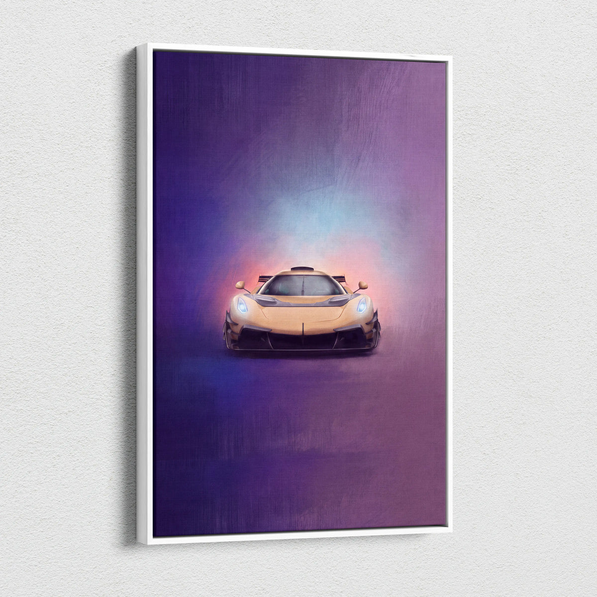 A framed canvas print featuring a golden-yellow Koenigsegg Jesko inspired hypercar with glowing headlights on a purple blue background