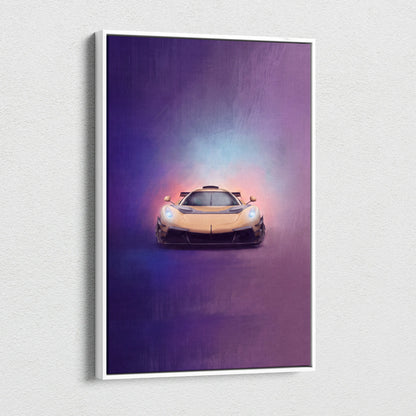 A framed canvas print featuring a golden-yellow Koenigsegg Jesko inspired hypercar with glowing headlights on a purple blue background