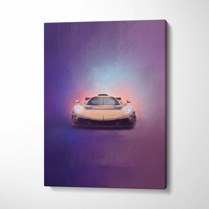 Koenigsegg jesko inspired car wall art canvas print featuring a sleek golden hypercar with glowing headlights on purple blue background