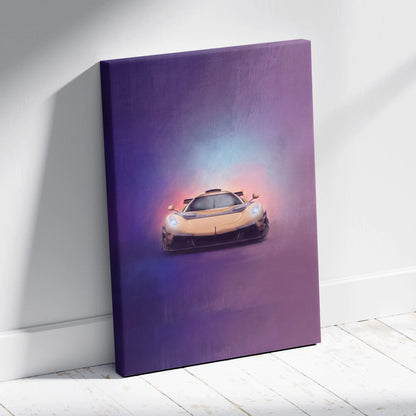 Koenigsegg jesko inspired car wall art vibrant golden sports car canvas print with glowing headlights on purple blue background