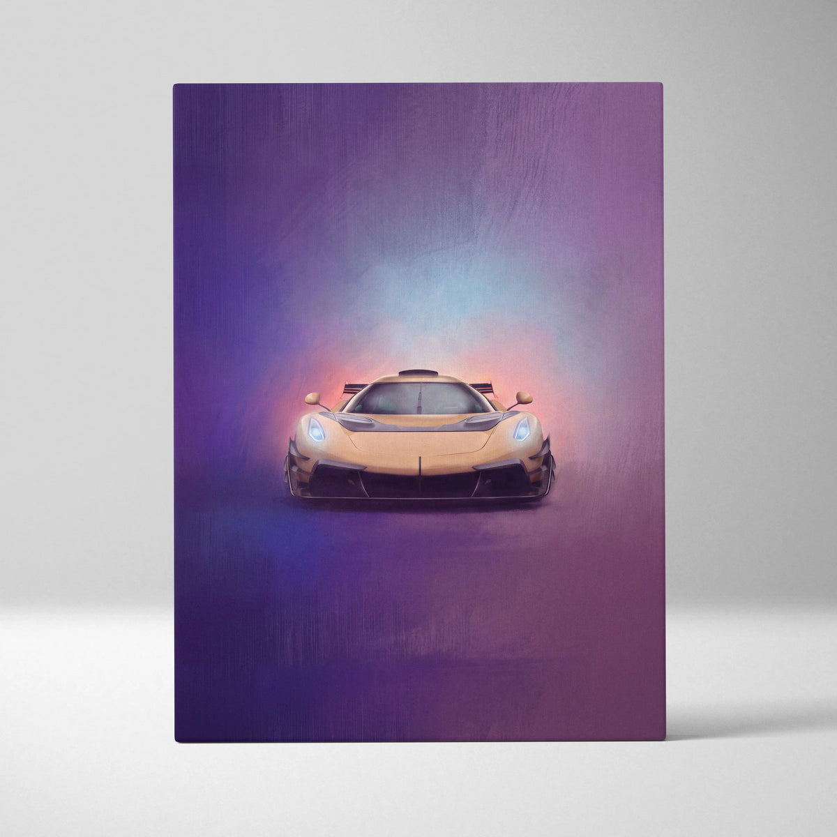 A sleek gold koenigsegg jesko inspired car with glowing headlights on a track edition canvas painting print