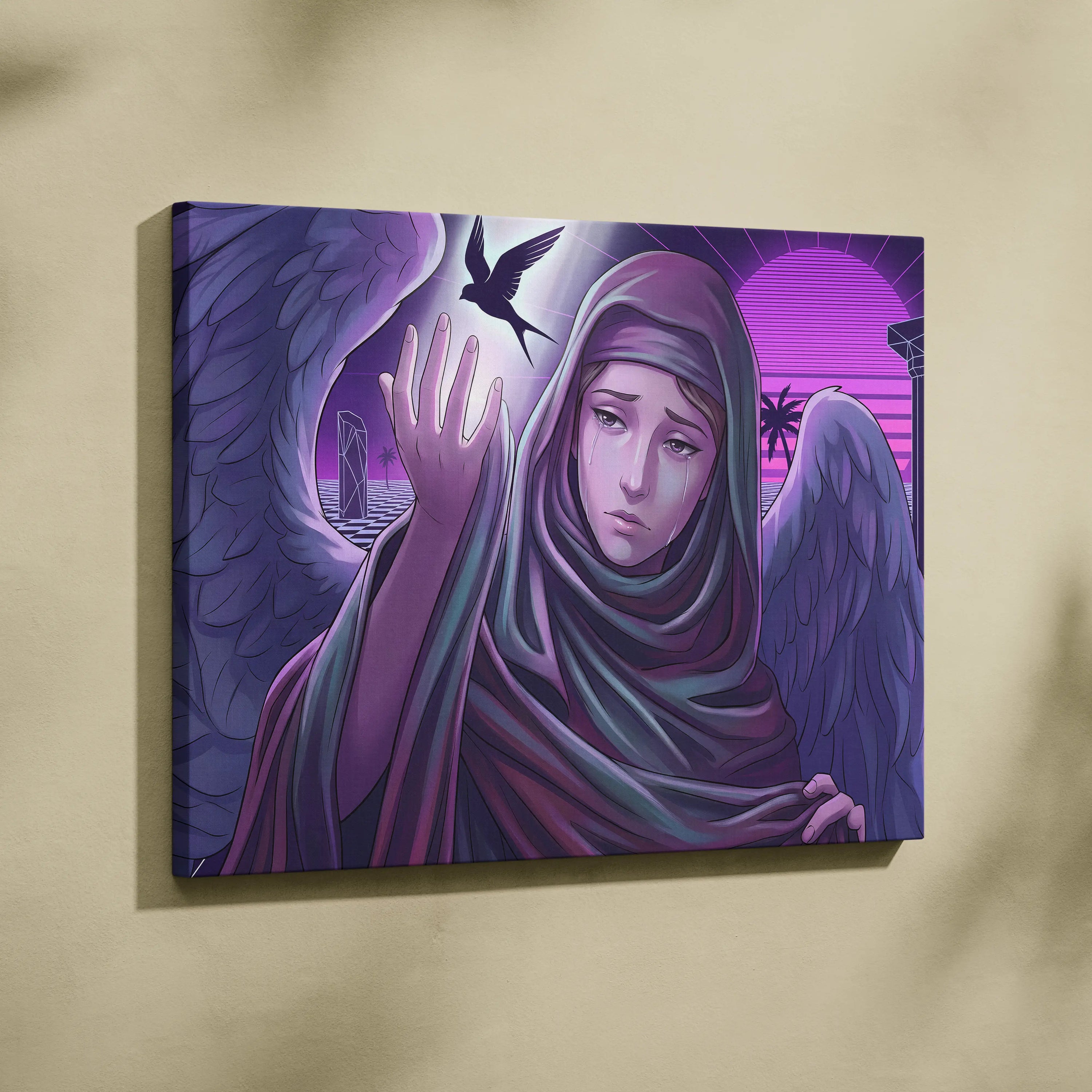 Vaporwave Neon Fantasy Canvas - Vaporwave Angel Neon Purple Living Room Retro-Futurism Dreamy Mystic Neo 80s Canvas