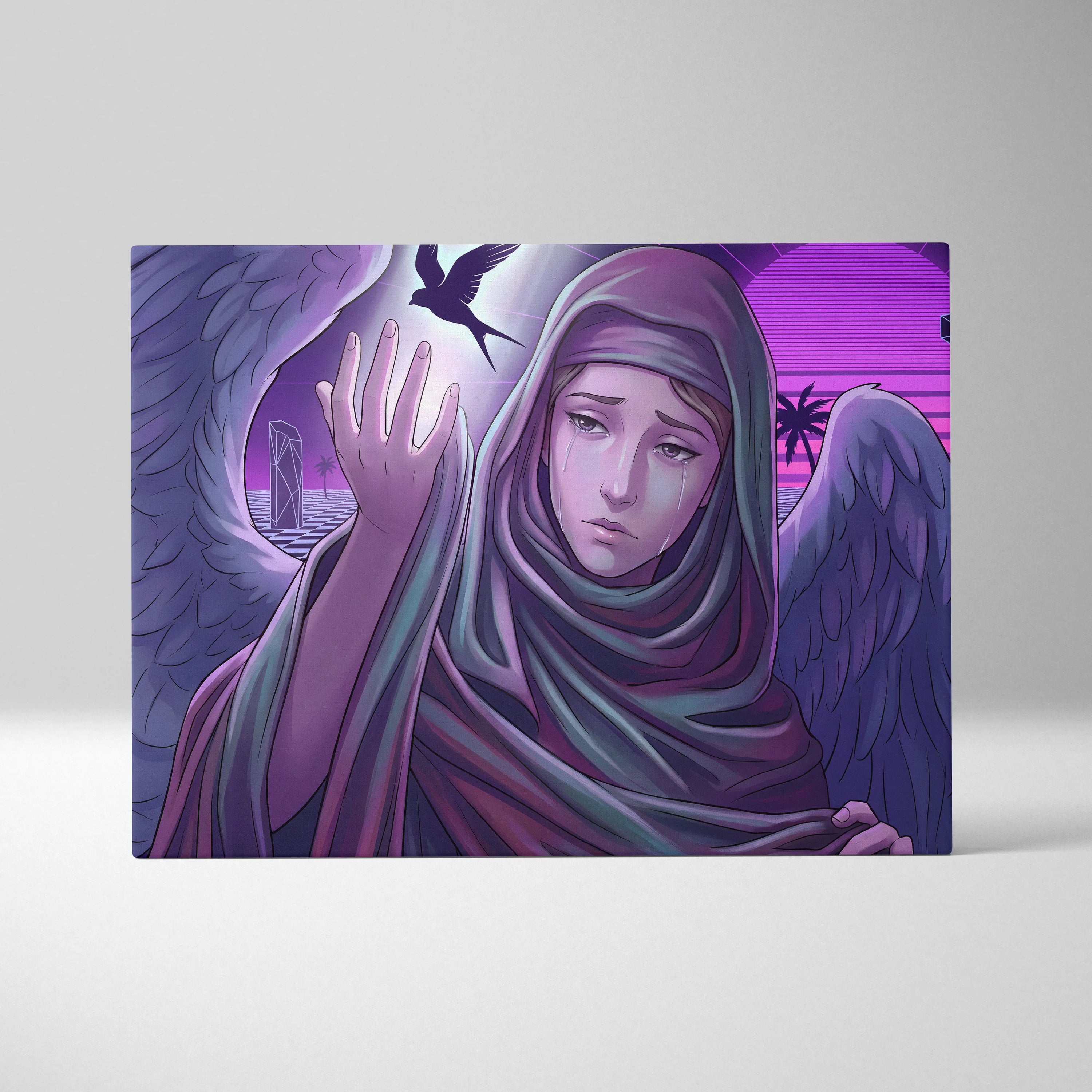 Vaporwave Neon Fantasy Canvas - Vaporwave Angel Neon Purple Living Room Retro-Futurism Dreamy Mystic Neo 80s Canvas