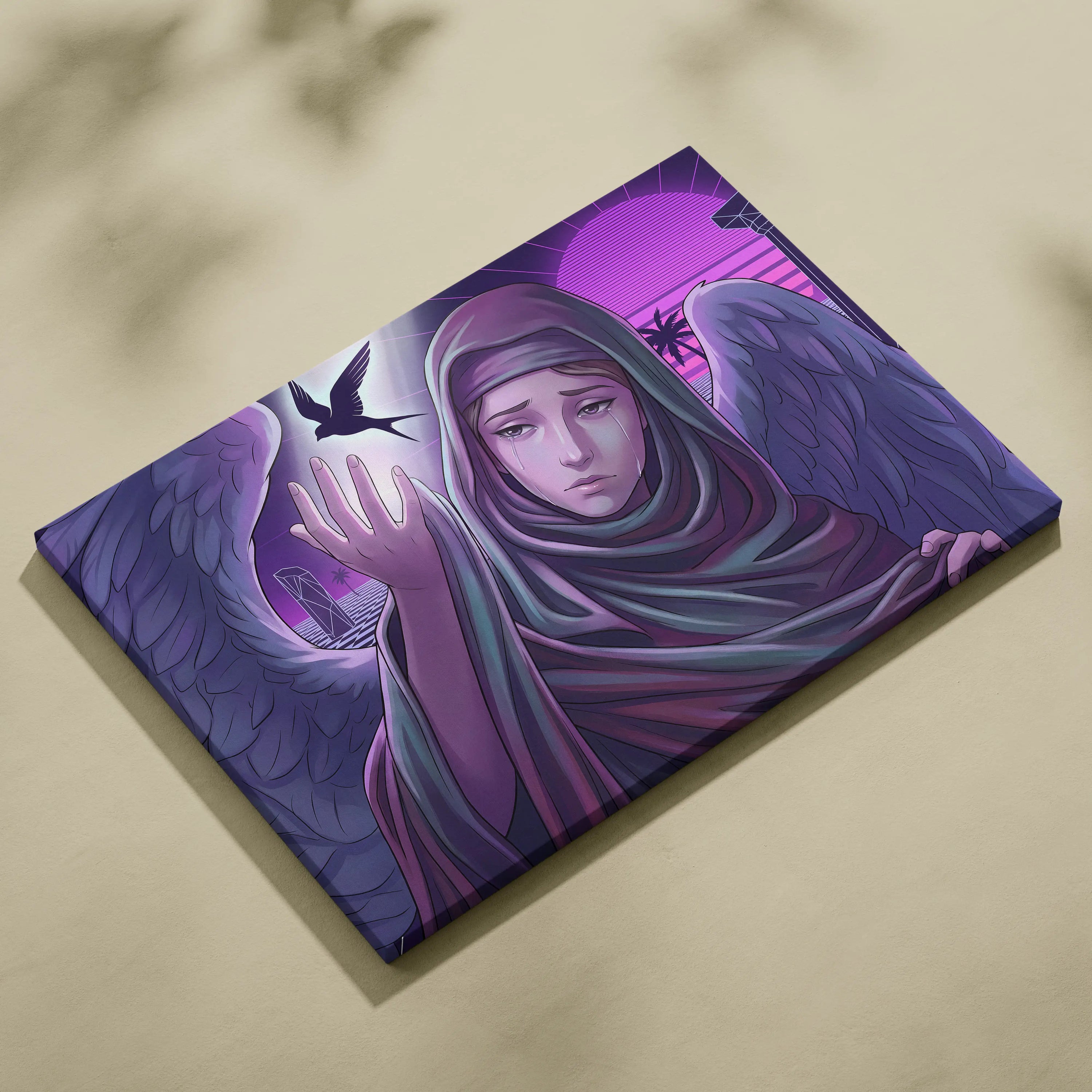 Vaporwave Neon Fantasy Canvas - Vaporwave Angel Neon Purple Living Room Retro-Futurism Dreamy Mystic Neo 80s Canvas