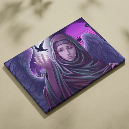 Vaporwave Neon Fantasy Canvas - Vaporwave Angel Neon Purple Living Room Retro-Futurism Dreamy Mystic Neo 80s Canvas