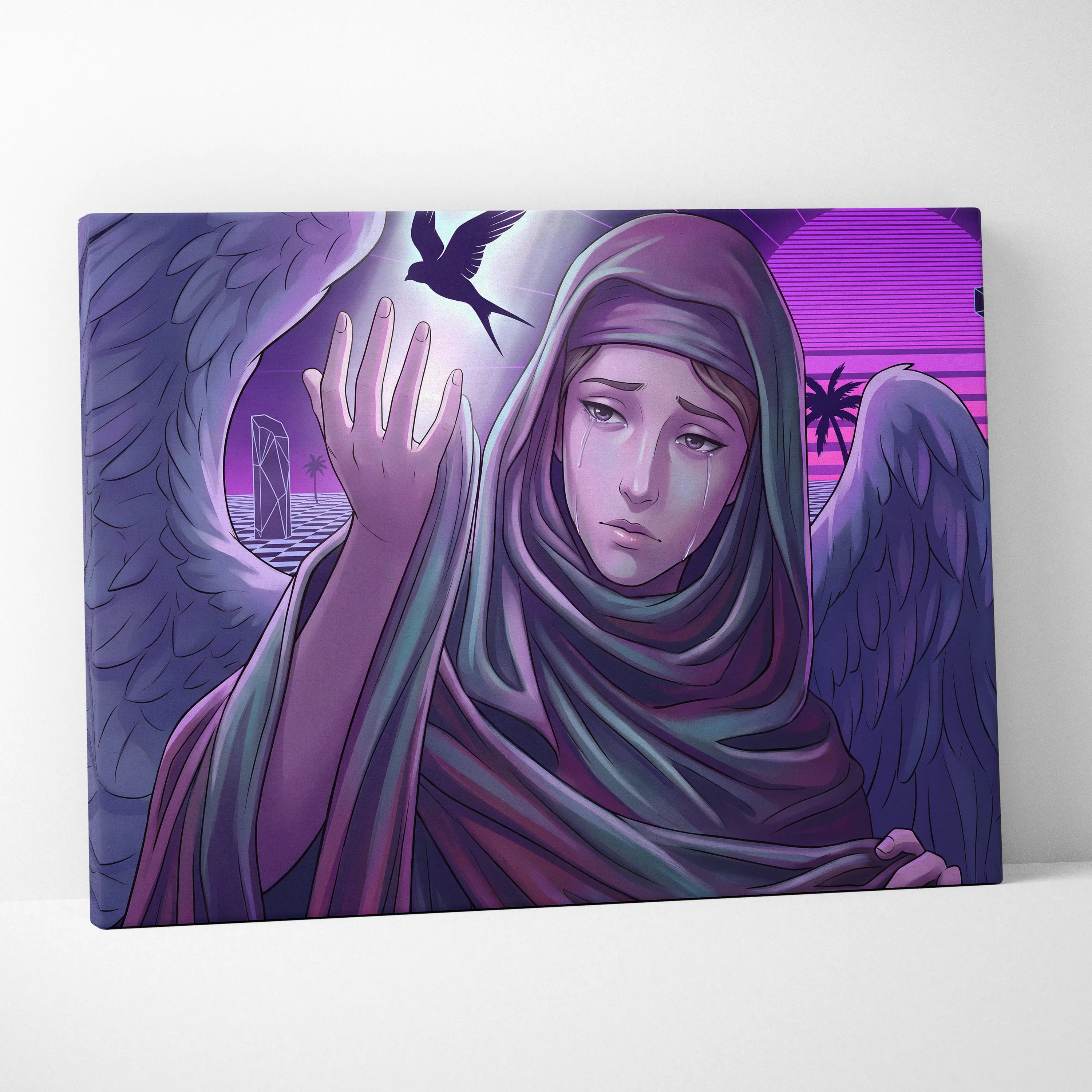 Vaporwave Neon Fantasy Canvas - Vaporwave Angel Neon Purple Living Room Retro-Futurism Dreamy Mystic Neo 80s Canvas
