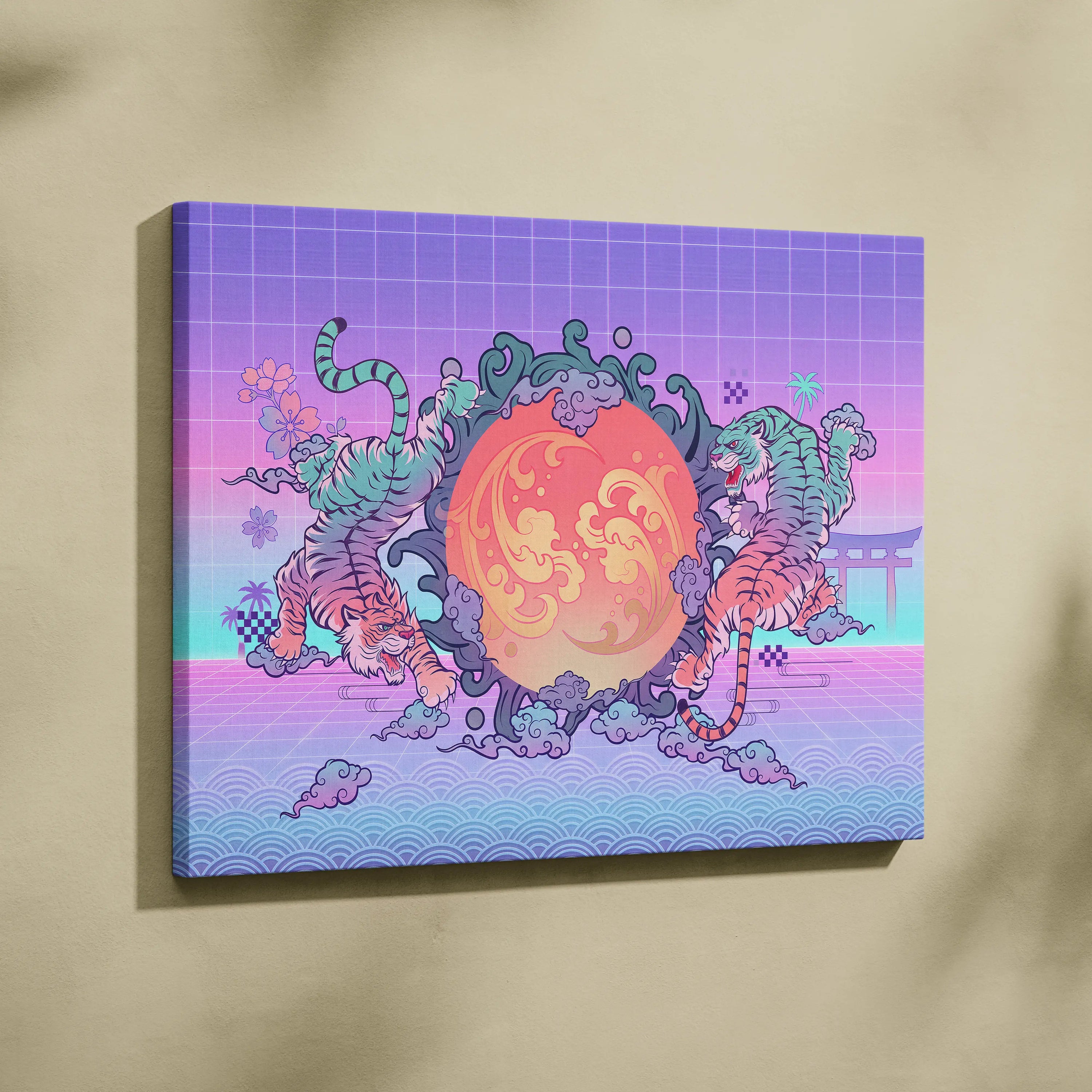 Vaporwave Fuji Dream Canvas - Fuji Landscape Pastel Neon Living Room Vaporwave - Dreamy Nostalgia Retro Futurism Canvas