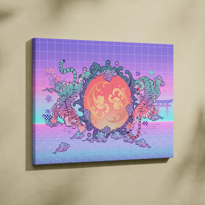 Vaporwave Fuji Dream Canvas - Fuji Landscape Pastel Neon Living Room Vaporwave - Dreamy Nostalgia Retro Futurism Canvas