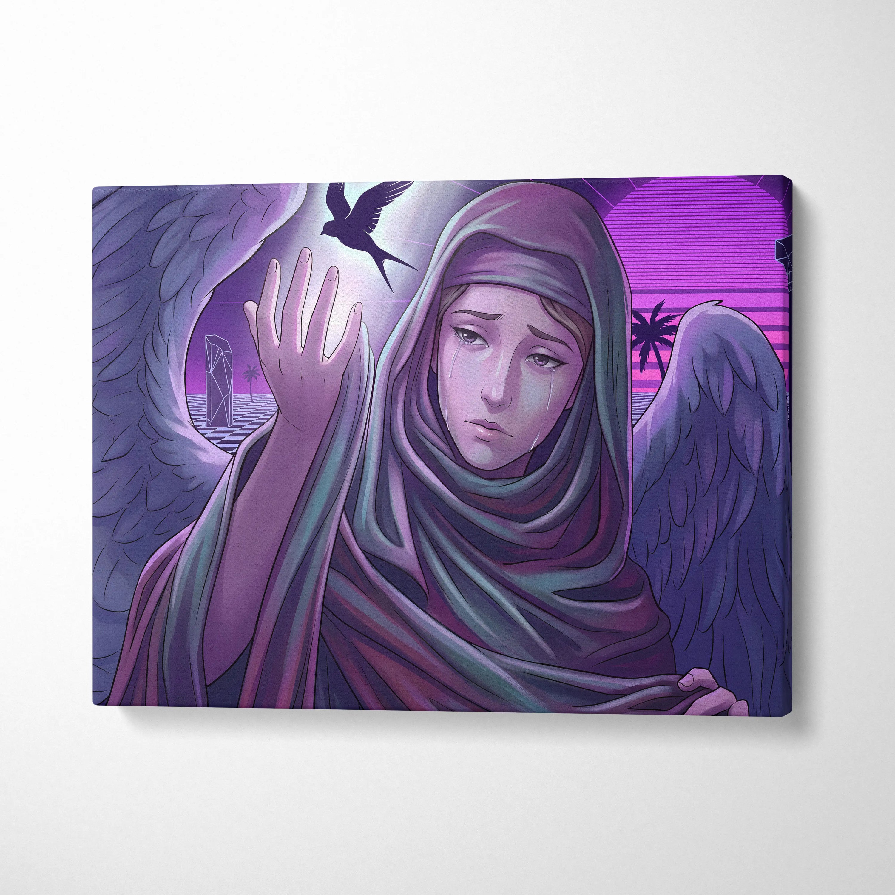 Vaporwave Neon Fantasy Canvas - Vaporwave Angel Neon Purple Living Room Retro-Futurism Dreamy Mystic Neo 80s Canvas