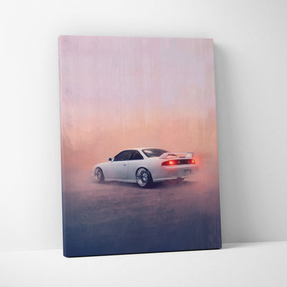 White nissan s14 drift car canvas print with glowing red taillights and smoky sunset backdrop for garage decor