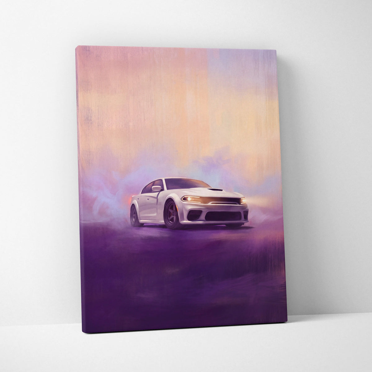 White dodge charger inspired canvas art featuring a sleek sports car design against a vibrant gradient sky wall decor
