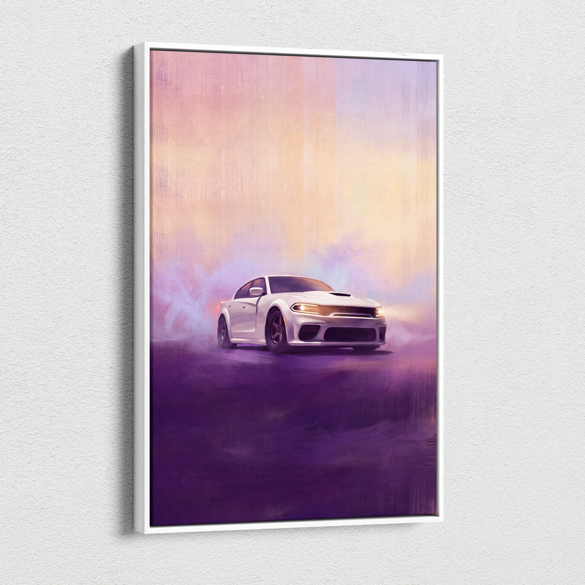 White dodge charger art print in a sleek white frame dodge charger inspired canvas art for office wall decor