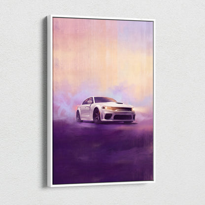 White dodge charger art print in a sleek white frame dodge charger inspired canvas art for office wall decor