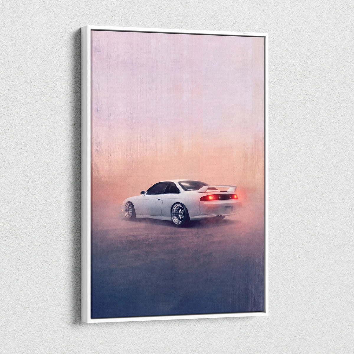 White nissan silvia s14 sports car poster in a sleek white frame automotive wall art for garage decor