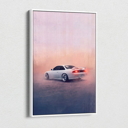 White nissan silvia s14 sports car poster in a sleek white frame automotive wall art for garage decor
