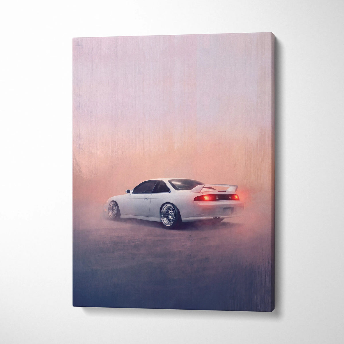 Nissan Silvia S14 inspired white drift car canvas print with glowing red taillights for garage wall art decor