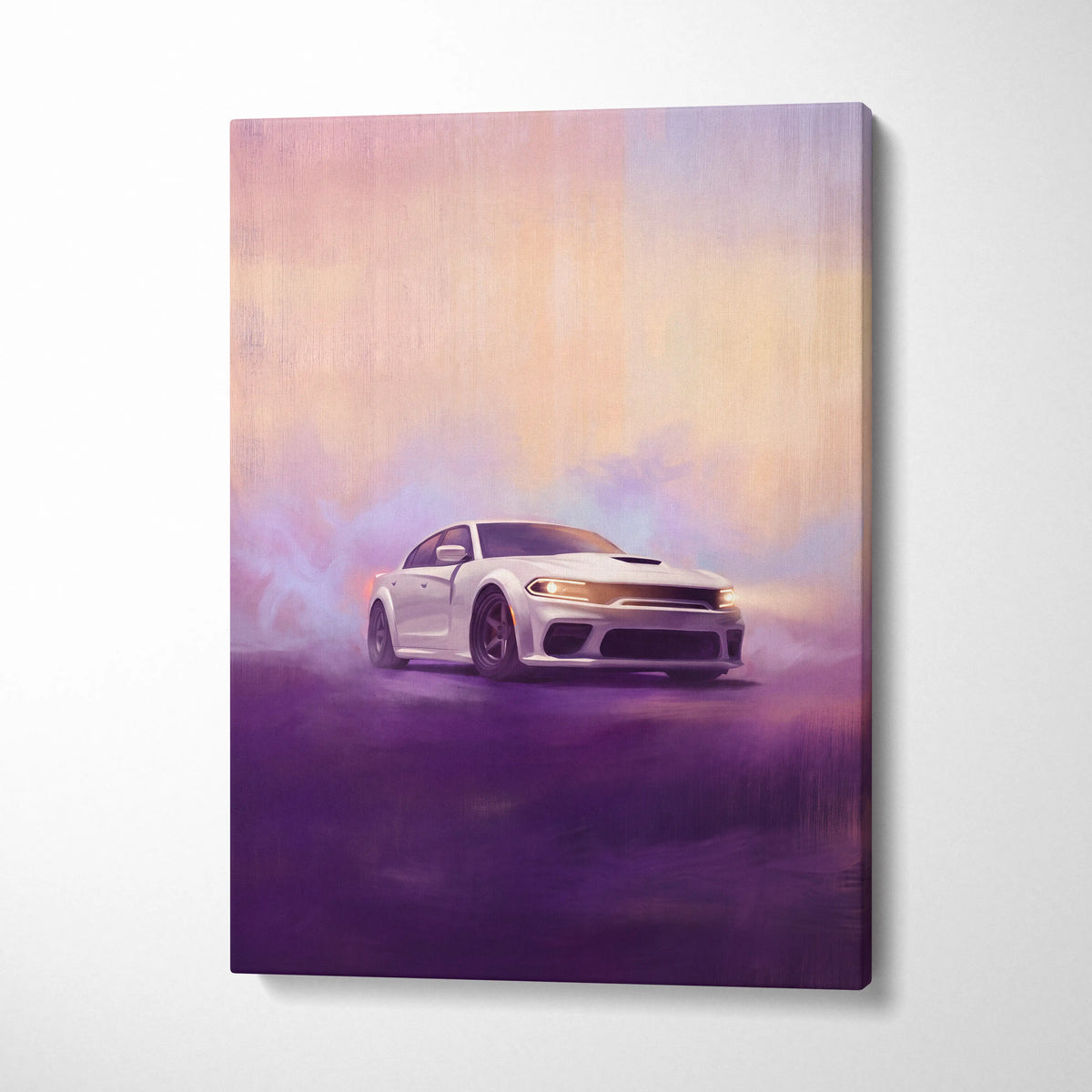 White dodge charger muscle car stylized canvas art with purple and pink effects american muscle car wall decor