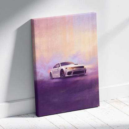 White dodge charger canvas art with dynamic painted car and gradient purple pink yellow sky for office wall decor