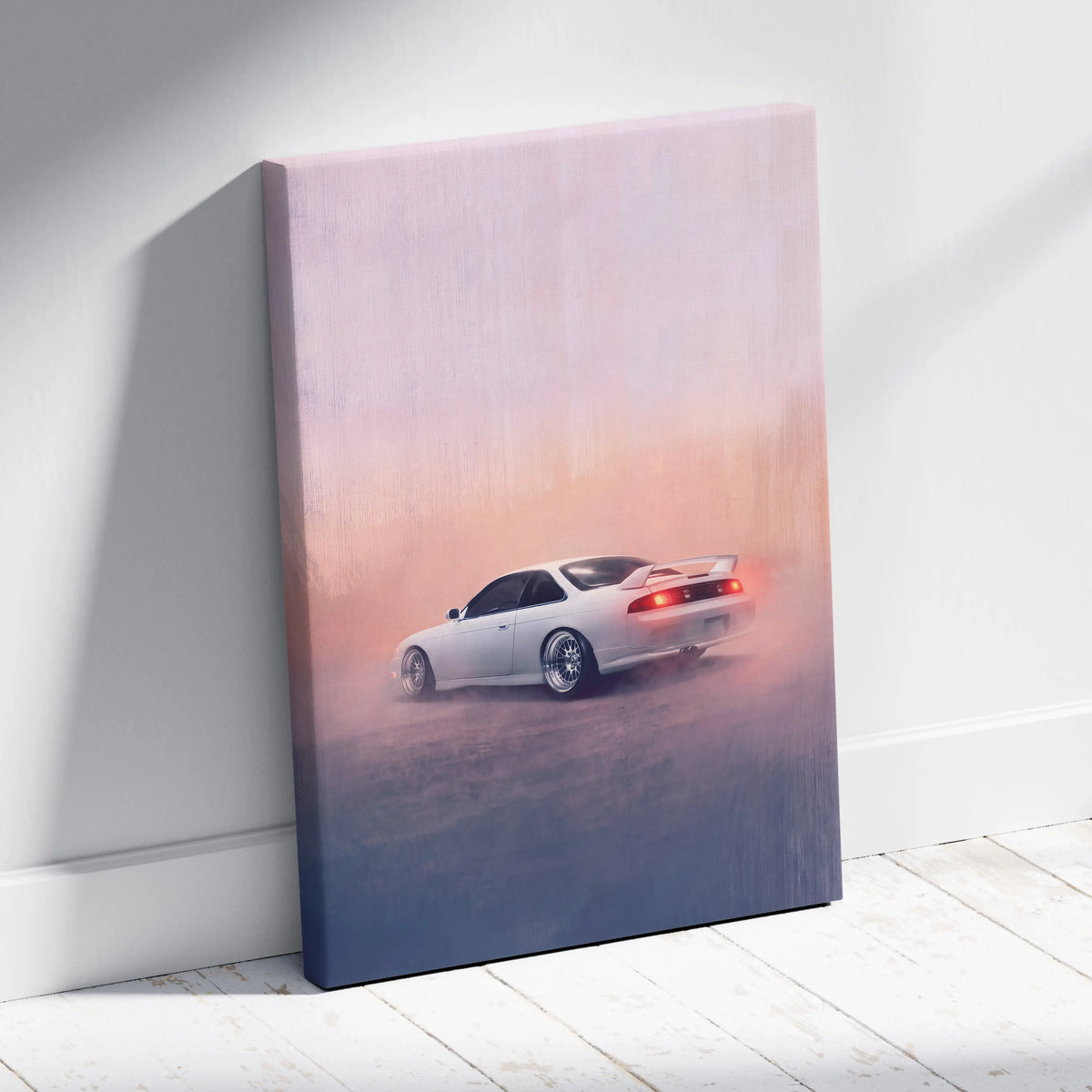 Nissan Silvia s14 inspired white drift canvas print with glowing red taillights on pink purple gradient sky wall art
