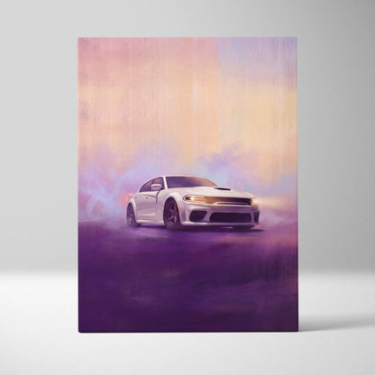 White dodge charger srt hellcat canvas art with glowing headlights and purple smoke for american muscle car decor