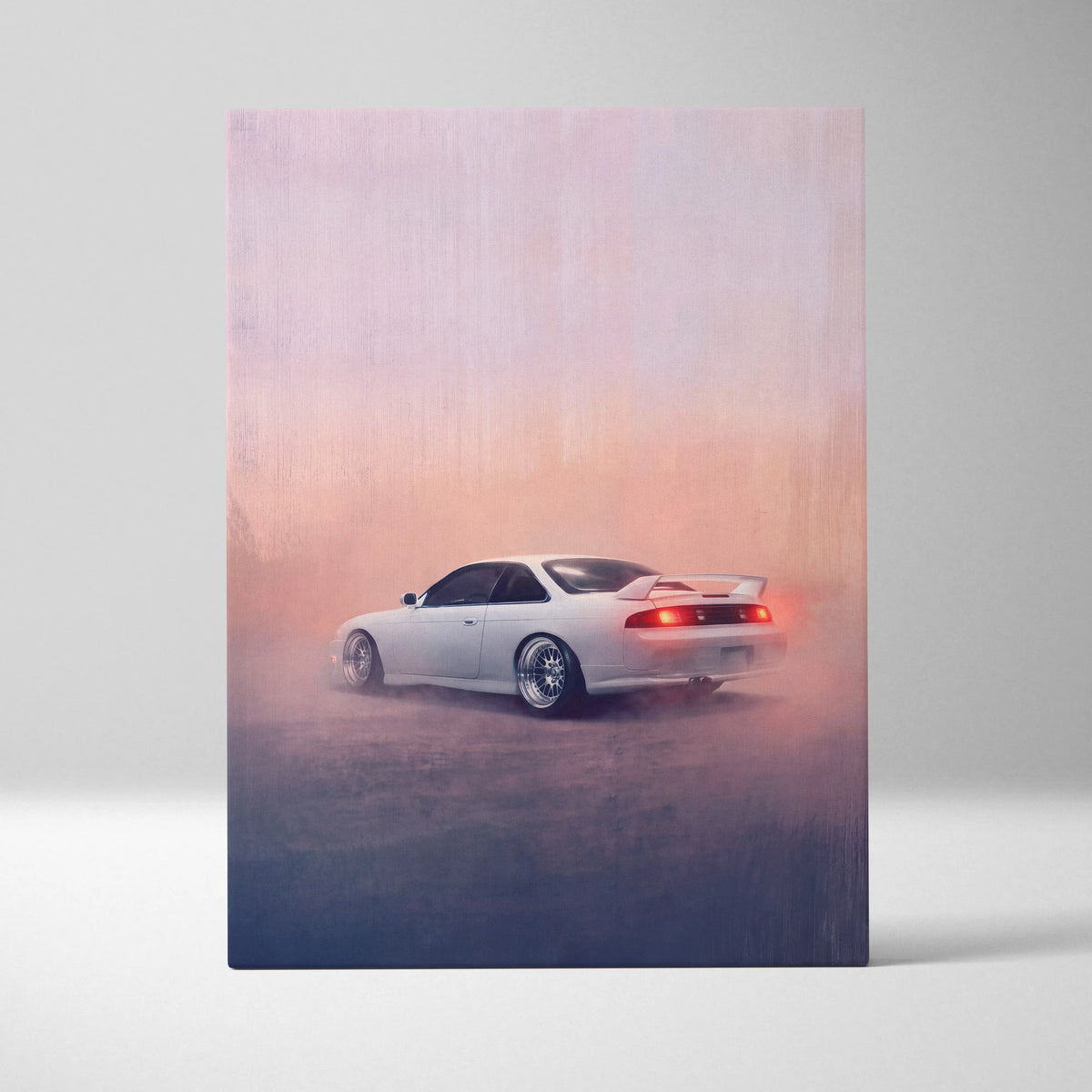 White nissan silvia s14 drift car canvas print with glowing red taillights for japanese sports car garage decor