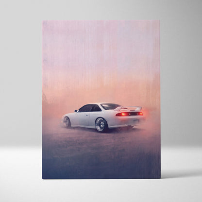 White nissan silvia s14 drift car canvas print with glowing red taillights for japanese sports car garage decor