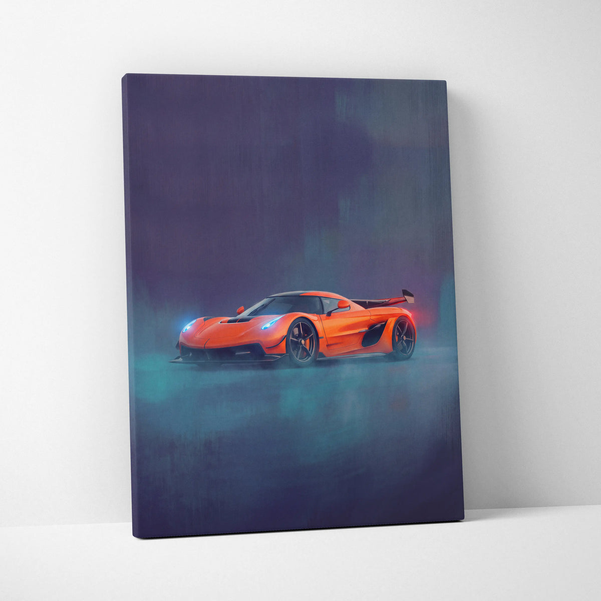 Koenigsegg Jesko inspired automotive wall art featuring a vibrant orange hypercar with glowing blue and red accents on canvas