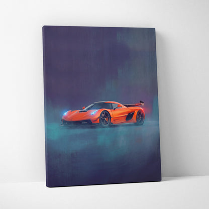 Koenigsegg Jesko inspired automotive wall art featuring a vibrant orange hypercar with glowing blue and red accents on canvas