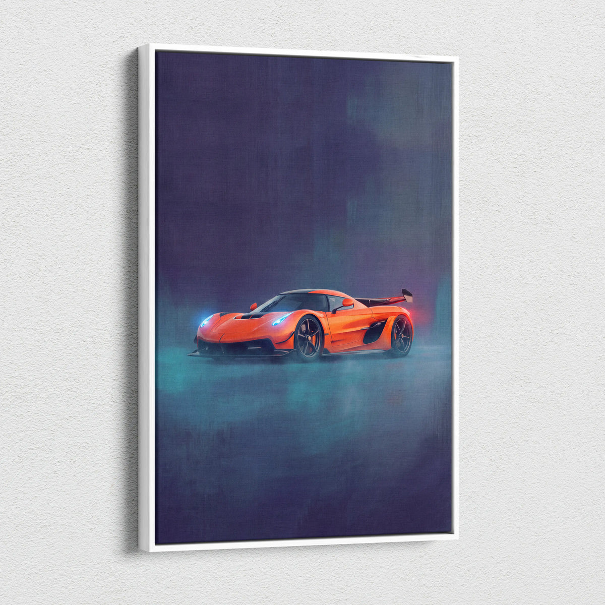 Orange Koenigsegg Jesko inspired hypercar canvas print in a white frame luxury automotive wall art