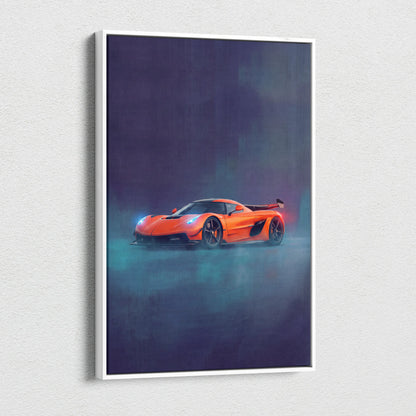 Orange Koenigsegg Jesko inspired hypercar canvas print in a white frame luxury automotive wall art