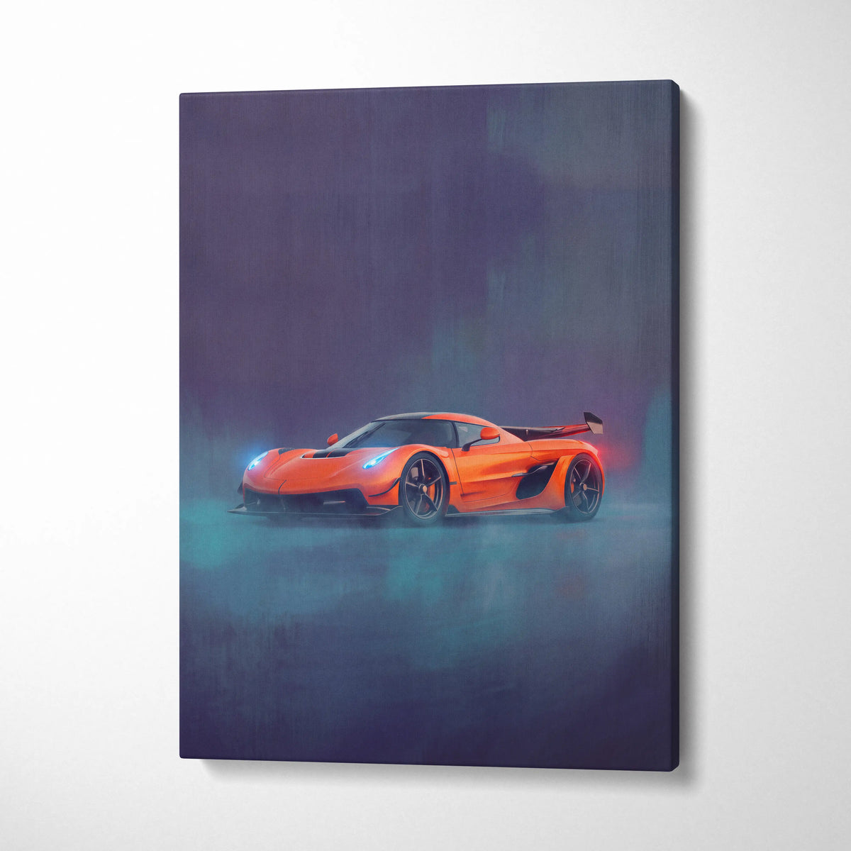 Vibrant orange koenigsegg jesko inspired automotive wall art featuring a stylized hypercar painting on canvas print